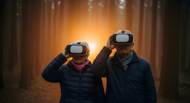Senior Couple Exploring Virtual Reality in a Misty Forest at Sunset