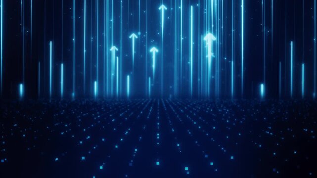 Business technology background with growing arrow, economic graph, data trend diagram, motion particles, and corporate innovation representing upward financial success