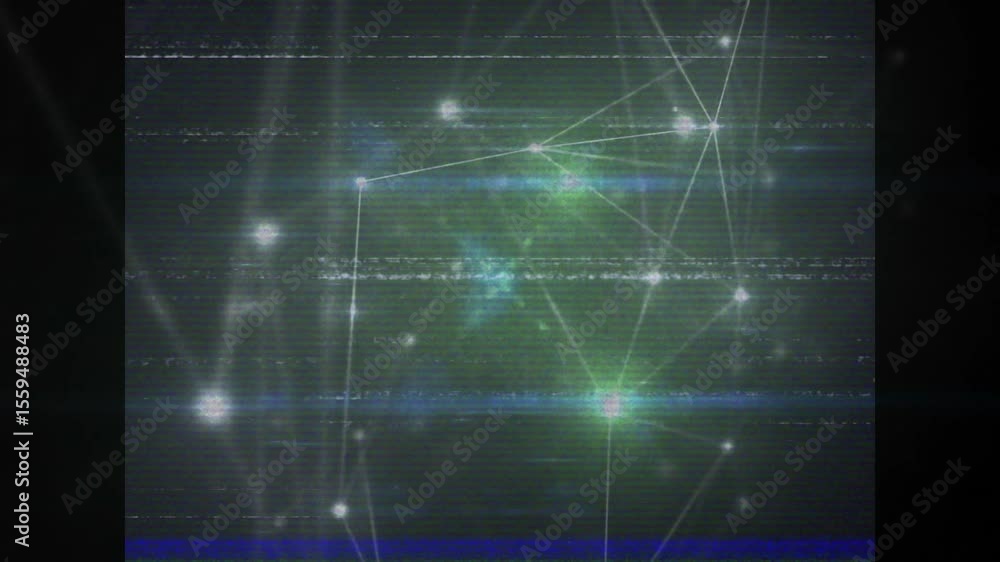 Poster dark background starting nodes emerging, lines linking dots, glitching showing network lifecycle