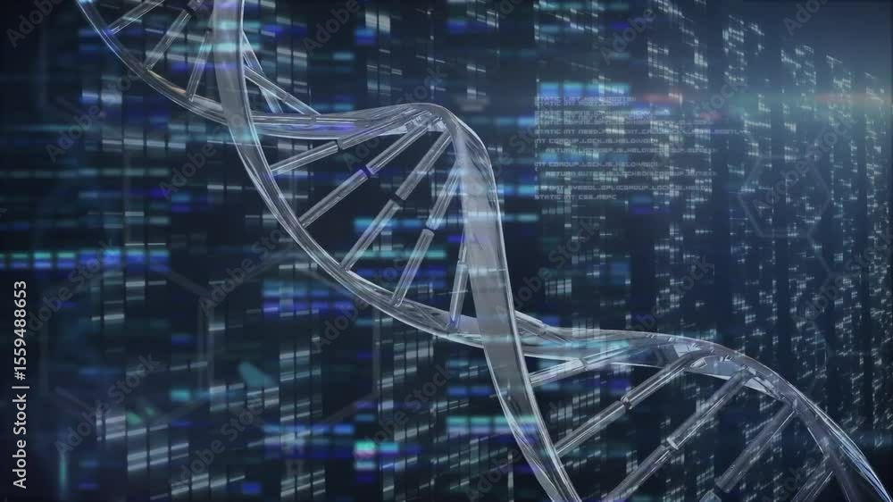 Poster on start double helix rotating clockwise while data grid scrolling and pulsing visualizing genetics
