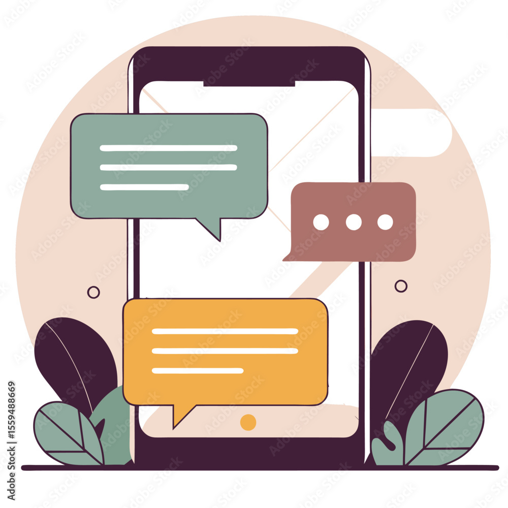 Poster illustration of a smartphone displaying a conversation with multiple chat bubbles and plants