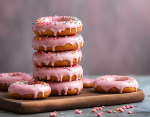 Pink Donut Tower on Wooden Board