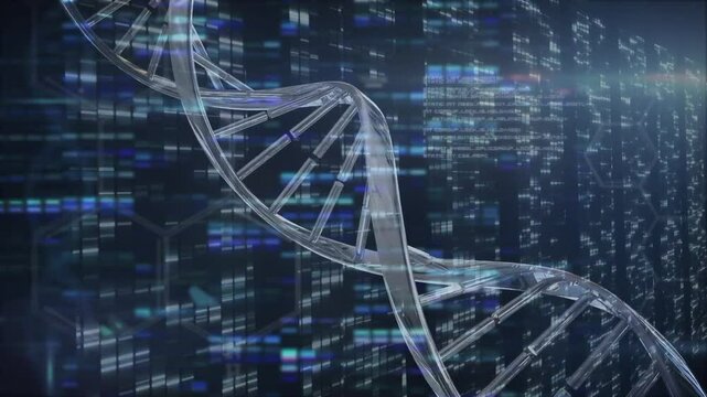 On start double helix rotating clockwise while data grid scrolling and pulsing visualizing genetics
