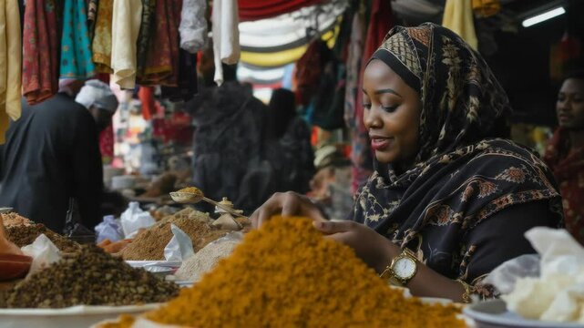 Woman in Black Patterned Headscarf Selecting Spices at a Brightly Colored Outdoor Market With Yellow Turmeric Pile and Other Vendors in the Background