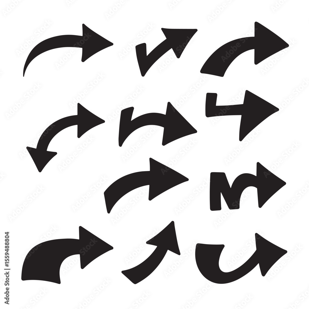 Poster a collection of black arrows illustrating directional concepts in a vector icon set