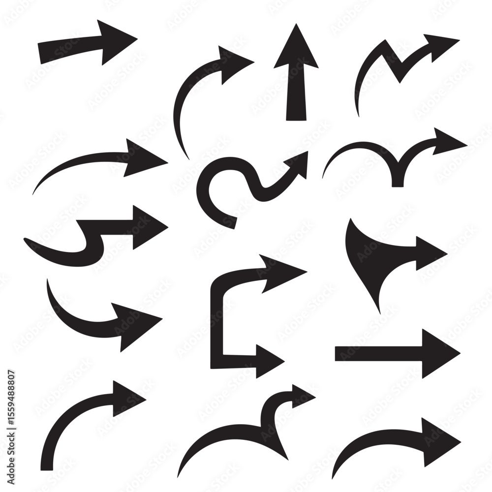 Poster a collection of diverse black arrow icons for directional navigation and design elements