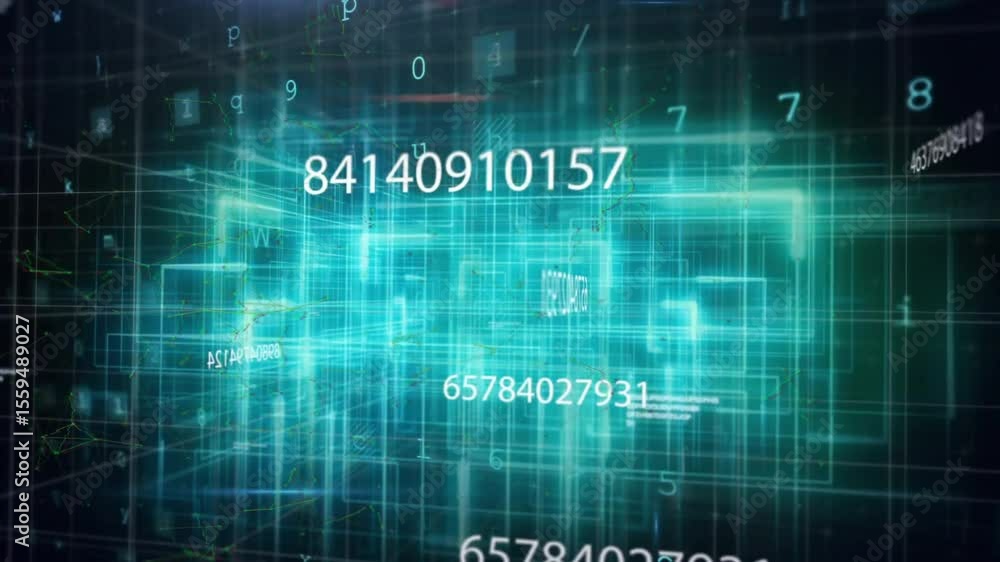 Poster Dark 3D grid initiating cyan wireframe cuboid rotating while updating numbers for malware training