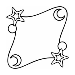 Black outline celestial frame with stars moons and circles on white background