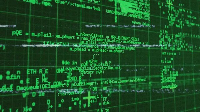 White static glitch causing green code blocks scrolling shifting in wireframe simulation for demo