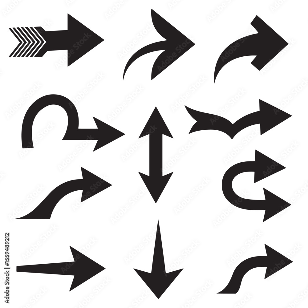 Poster black arrow icon set collection showing direction and navigation symbols on white background