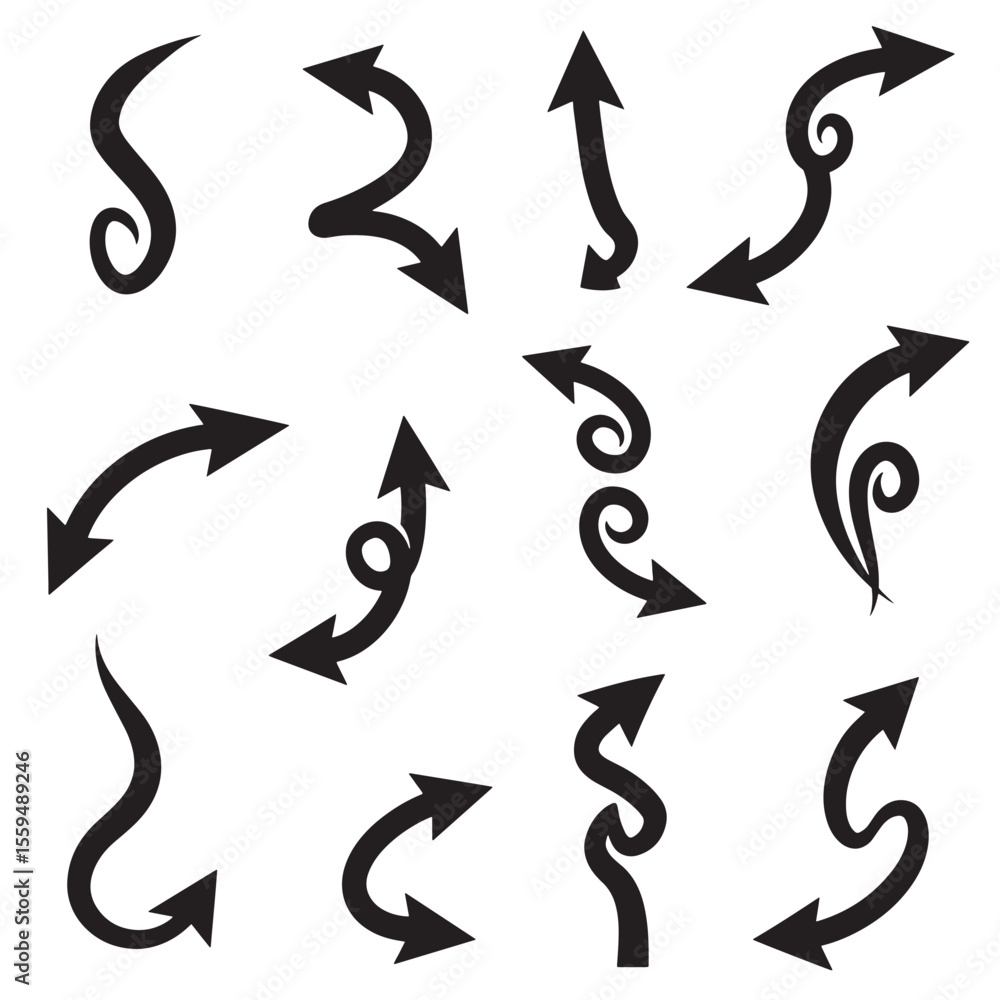 Poster black arrows icon set design elements with unique curving directions in various orientations