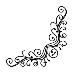 Black floral corner design with swirls and leaves on white background