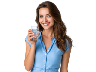 Refreshing Moment of Wellness: A radiant young woman holds a glass of clear water, embodying health and hydration, radiating vitality and a sense of well-being.