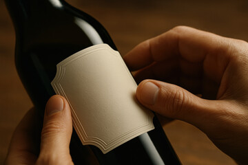 Person inspecting blank label on wine bottle for customization and branding
