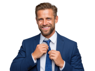 Confident Businessman: A smiling businessman adjusts his tie, exuding confidence and professionalism. He's dressed in a sharp navy blue suit.