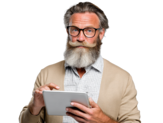 Mature Man Using Tablet: A portrait of a mature man with a long gray beard and glasses, thoughtfully using a tablet computer.  His expression is one of quiet contemplation. 