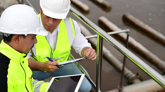 Wastewater treatment plant engineers are working together to develop a water filtration system for the treatment plant to improve its quality.