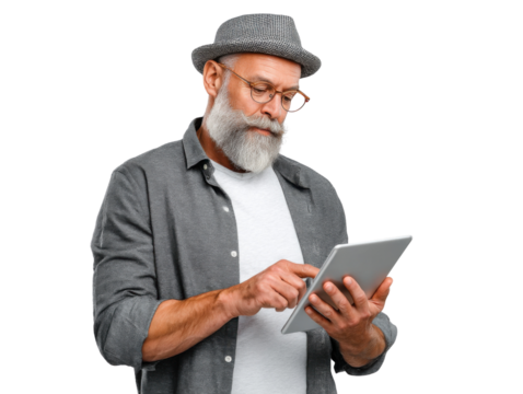 Modern Era: An elderly man with a dignified beard and eyeglasses, elegantly attired in contemporary casual apparel, engages with a sleek tablet.