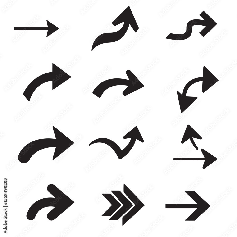 Poster collection of modern arrow icons in various directions and styles in a simple black and white icon s
