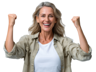 Unbridled Triumph: An attractive, mature woman exudes pure happiness and triumph, her arms raised in a victorious gesture. Capturing the moment of jubilant success.