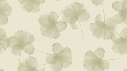 Floral seamless pattern features translucent hibiscus flowers in shades of green on a soft yellow background. The flowers have a painterly, slightly abstract quality