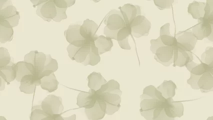 Fotobehang Floral seamless pattern features translucent hibiscus flowers in shades of green on a soft yellow background. The flowers have a painterly, slightly abstract quality © momosama