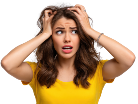 Captured in a moment of internal turmoil: A portrait of a woman in distress, her eyes wide with concern and hands intertwined in her hair, symbolizing the intense weight of worry.