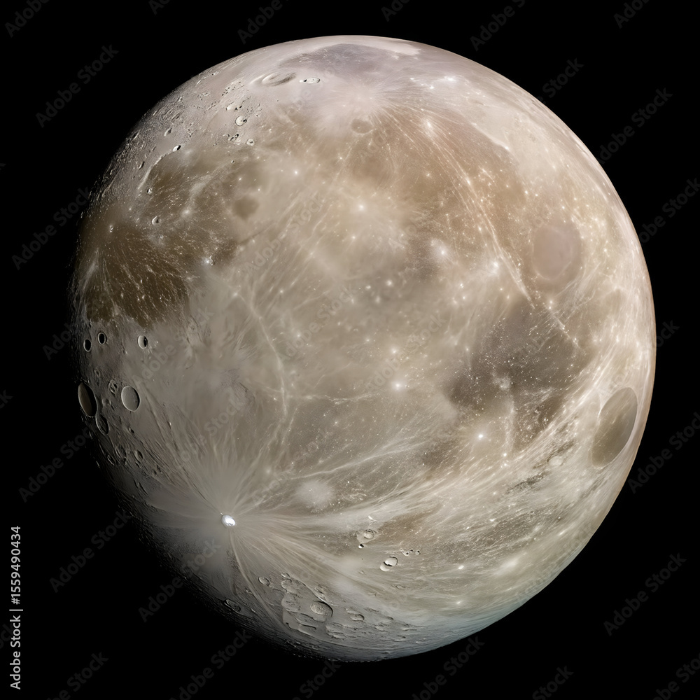 Poster a striking full-disk image of ganymede, jupiter's largest moon, prominently displaying its dual natu
