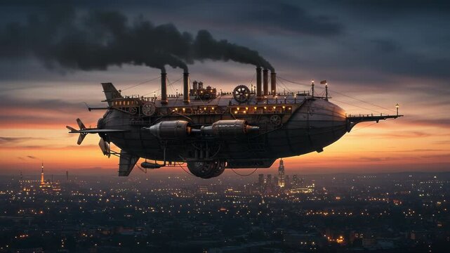 Steampunk Airship Journey: A Magnificent Flying Machine Ascending Above The Metropolis at Sunset