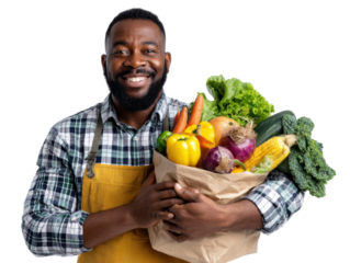 Smiling Man Holding a Bag of Fresh Vegetables: A happy, dark-skinned man smiles warmly while holding a paper bag overflowing with a variety of fresh, colorful vegetables.