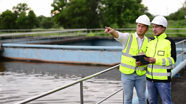 Two expert wastewater treatment engineers are planning to replace parts of a water filter in a wastewater treatment pla