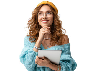 Daydreaming Digital Delight: A vibrant young woman with curly red hair, adorned with a yellow hair accessory, gazes upwards with a thoughtful smile while cradling a digital tablet.