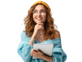 Daydreaming Digital Delight: A vibrant young woman with curly red hair, adorned with a yellow hair accessory, gazes upwards with a thoughtful smile while cradling a digital tablet.