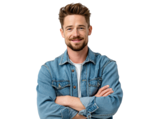 Confident Gaze: A handsome man with a warm smile stands confidently, his arms crossed, conveying approachability and optimism.