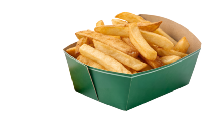 A green container filled with golden crispy french fries on transparent background