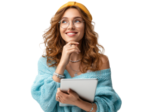 Daydreaming Digital Delight: A vibrant young woman with curly red hair, adorned with a yellow hair accessory, gazes upwards with a thoughtful smile while cradling a digital tablet.