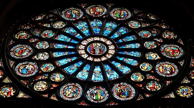 Stained Glass Circular Window with Intricate Religious Scenes
