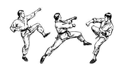 Martial Arts Vector Engraving Set. Detailed Monochrome Illustrations of Fighter Poses. Vintage Combat Sports Symbols