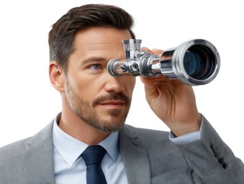 Visionary's Gaze: A focused individual, peering intently through a telescope, symbolizing foresight, exploration, and the pursuit of knowledge, set against a pristine environment. - Powered by Adobe