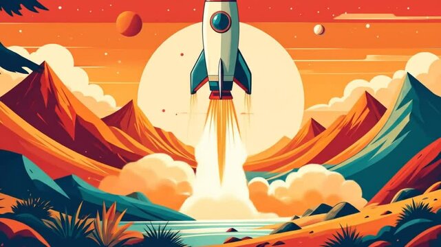 Vibrant rocket launch animation against a retro sunset mountain backdrop scene
