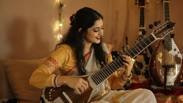 Young Woman in Traditional Sari Playing Sitar with Warm Lighting and String Instrument in Background for Performance Art and Indian Culture
