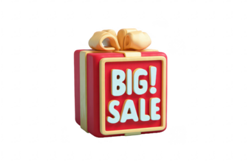 3D gift box, red and gold, displaying "BIG SALE" in bold white letters