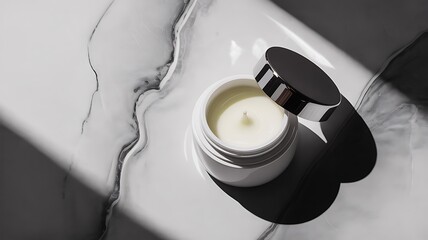 White cream jar with silver lid on marble cosmetic
