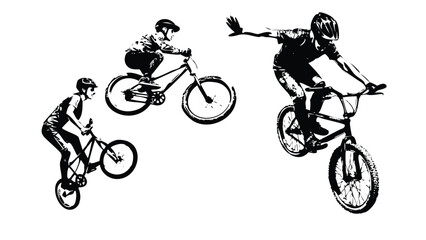 Fototapeta premium BMX Tricks Vector Engraving Set. Detailed Monochrome Illustrations of a Bike Rider in Action. Vintage Extreme Sports Symbols
