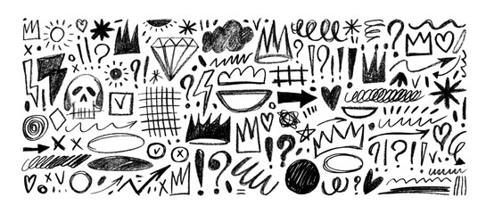 Crayon drawn punk doodles and scribbles. Pencil vector drawings, funky question marks and exclamation points, crowns, grid, underlines. Punk retro doodle collection for collage, notes, graphic design.