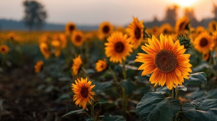 Obraz premium Sunflower field at sunset beautiful landscape scenic view of sunflowers in bloom nature 88