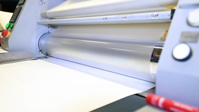 An industrial laminator works by laminating, applying a transparent film to paper in the production room of a printing house