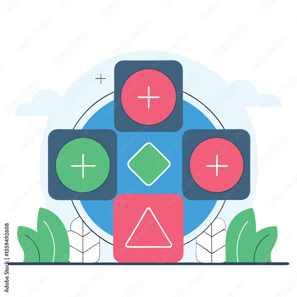 Poster modern flat design of a game controller with geometric shapes and nature elements
