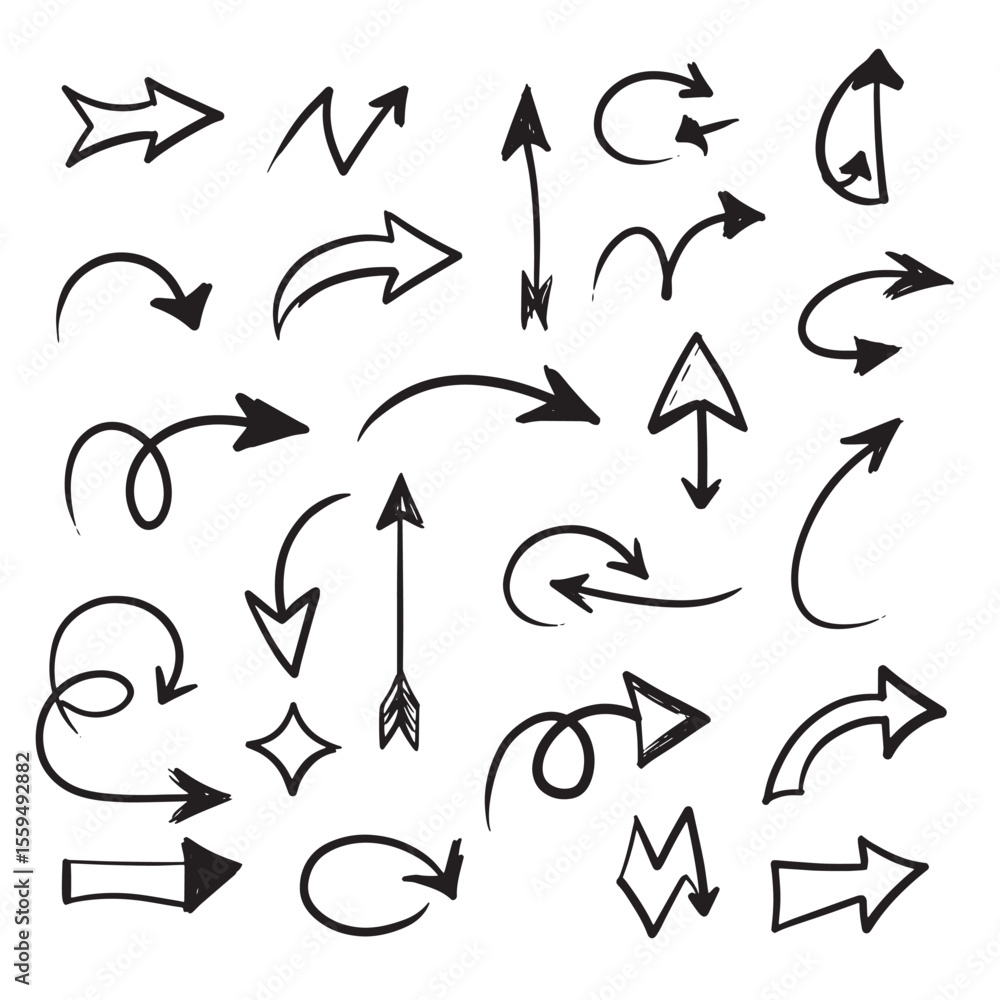 Poster hand drawn arrow icon set collection with various directions and styles