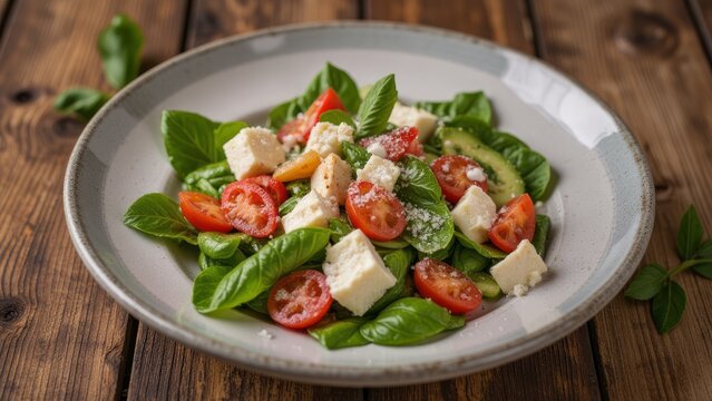 Fresh salad with vegetables and cheese on a plate.